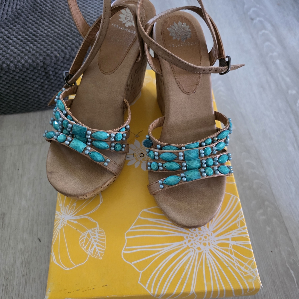 Yellow Box Women's Turquoise Beaded Wedge Sandals **NEW** IN BOX